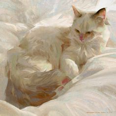 a painting of a white cat laying on top of a bed covered in sheets and blankets