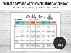 the printable editable daily meal menu is shown in front of a brick wall