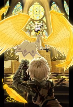 two anime characters sitting in front of a stained glass window, one with wings on his head