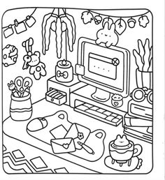 a black and white drawing of a room with toys