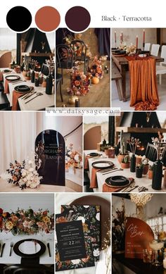 a collage of photos showing different tables and chairs with decorations on them, along with the names of each table