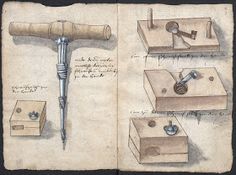 an open book with drawings of tools and instructions on it, including a telescope in the middle