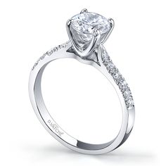 a diamond engagement ring with side stones on the band and an accented shant