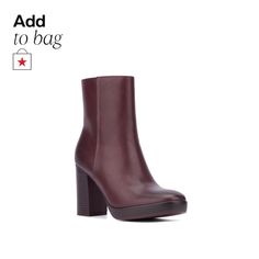 in stock Burgundy Boots Ankle, Chunky Heel Ankle Boots, Burgundy Color, Toe Designs, Heeled Ankle Boots, Chunky Heel, Stacked Heel, Chunky Heels, Ankle Booties