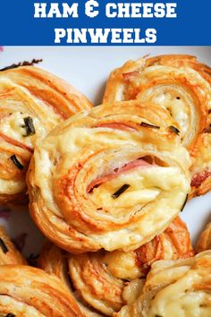 ham and cheese pinwheels on a plate with text overlay that reads ham and cheese pinwheels