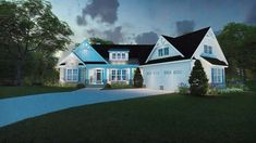 this is an artist's rendering of a house in the evening time with blue shutters and white trim