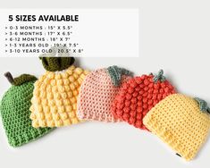 five crocheted pumpkins are shown with the price tag below them for each item