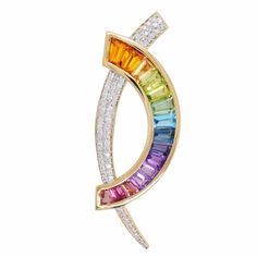 Art, color and culture all come together to inspire this original designed 18 karat gold calibre cut taper baguette multicolor diamond contemporary brooch pendant by Vaibhav Dhadda, where hues of these multicolored gemstones exude royalty and luxury while dictating the movement of eye. Contemporary Brooch, Gemstones Pendant, Rainbow Gemstones, Art Color, Channel Set, The Movement, Gemstone Pendant, Original Designs, 18k Gold