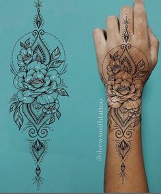 a woman's hand with a tattoo on it and an image of a flower