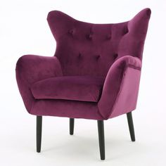 an upholstered purple chair with black legs and buttons on the armrests