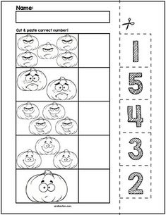 halloween themed worksheet with numbers and faces