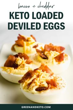 bacon and cheddar keto loaded deviled eggs on a white platter