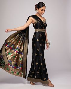 Karishma Sari Gown Black – holiCHIC Sari Gown, Brocade Gown, Brocade Lehenga, Gown Black, Runway Dresses, Asian Outfits, Cropped Blazer, Indian Designer Wear, Button Down Dress