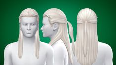 three white female mannequins with long hair and ponytails on green background