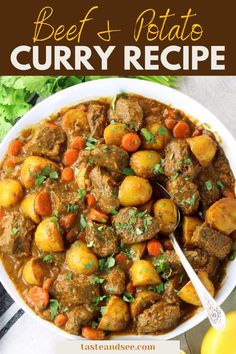 beef stew with potatoes and carrots in a white bowl on top of a table