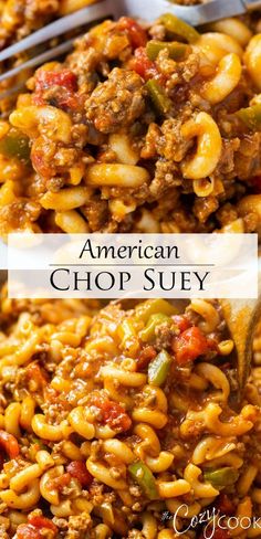 a spoon full of macaroni and cheese with the words american chop suey above it