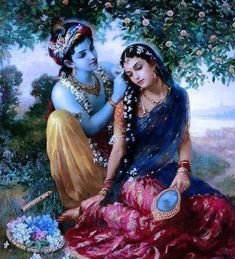 two women sitting next to each other under a tree with flowers in their hair and jewelry