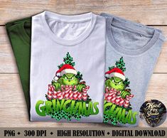 three christmas shirts with the grinmass on them