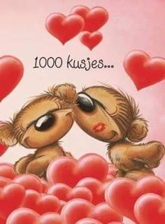 two brown teddy bears sitting on top of red hearts with the caption, 100 kisses