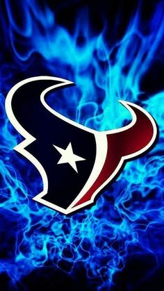 the houston texans logo is shown on a blue background with red, white and blue flames