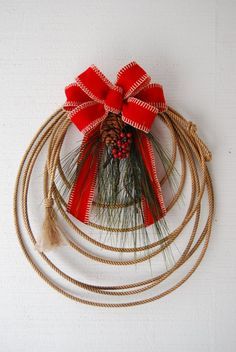 a red bow is hanging on a rope with some pine cones and other things around it