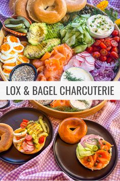 an assortment of different types of bagels and other food items on a table with the words lox & bagel charcuterie