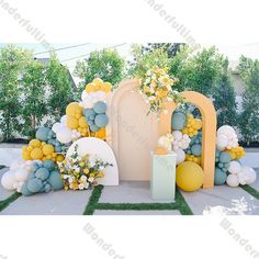 an outdoor ceremony with balloons and flowers