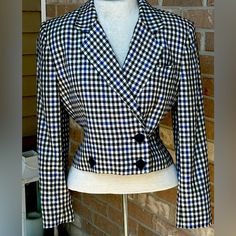 Pristine Condition-Looks Brand New & Is Likely Vintage! Royal Blue/Blk/Wht Houndstooth. Fabric Content Tag Missing But Feels/Looks Like A Lightweight Very Soft Wool. Fully Lined Fitted Gingham Blazer For Fall, Chic Fitted Gingham Outerwear, Chic Gingham Fitted Outerwear, Retro Long Sleeve Houndstooth Blazer, Vintage Houndstooth Outerwear With Notch Lapel, Vintage Houndstooth Outerwear, Olive Green Blazer, Black Houndstooth Button-up Outerwear, Wool Double-breasted Houndstooth Outerwear