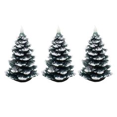 three small christmas trees are shown in black and white colors, one is decorated with snow