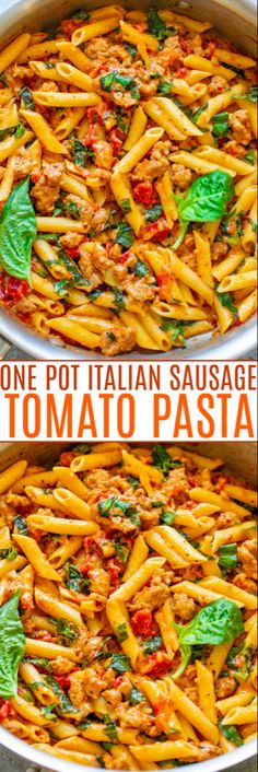 one pot italian sausage and tomato pasta is shown in two different pans with basil leaves on top