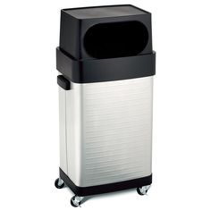 the trash can is on wheels and has a black lid