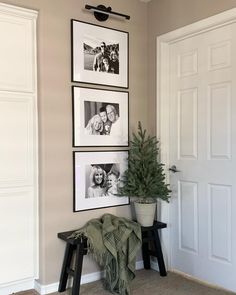 a room with pictures hanging on the wall and a potted plant next to it