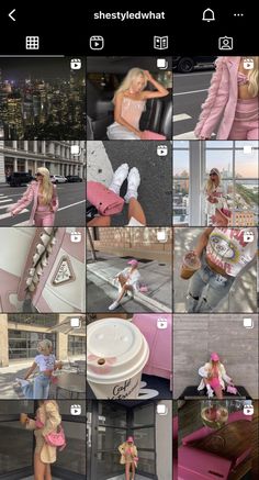 the collage shows many different images of women in pink outfits and white shoes, one with