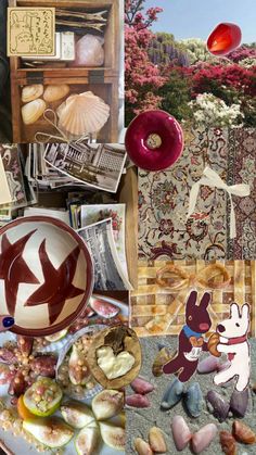 a collage of pictures with various items in them including plates, bowls and spoons