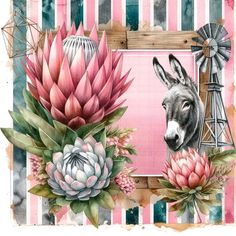 a painting of a donkey and flowers in front of a pink background with a windmill