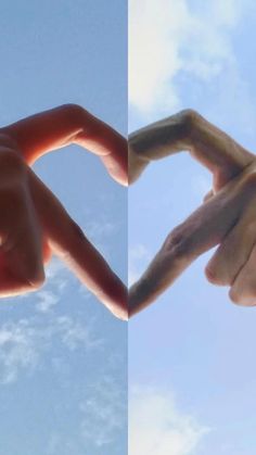 two hands making a heart shape with their fingers against a blue sky and white clouds