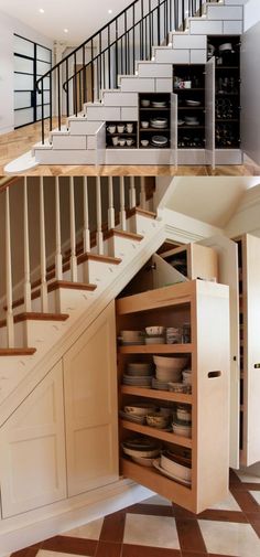 an open cabinet under the stairs in a kitchen