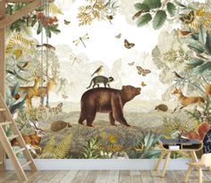 a bear and other animals are in the forest wallpaper mural set up with ladders