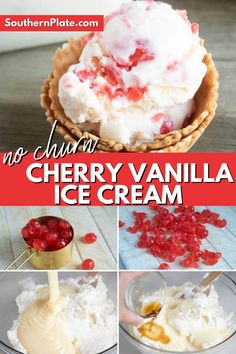 cherry vanilla ice cream is shown in four different pictures, including the top and bottom