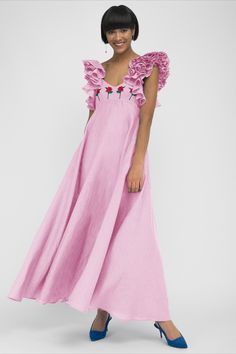 Feminine Rose Dresses With Ruffles, Chic Spring Dresses With Rose Detail, V-neck Floral Embroidery Maxi Dress For Garden Party, Spring Empire Waist V-neck Dress, Rose Ruffled Summer Dress, Rose Ruffled Dresses For Summer, Floral Embroidered V-neck Maxi Dress, Chic V-neck Floral Embroidered Dress, Red Floral Sundress