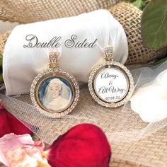 the bride's photo is displayed in front of her wedding ring and necklaces