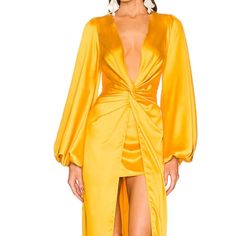 Never Before Worn, Brand New! Elegant Yellow V-neck Maxi Dress, Yellow V-neck Maxi Dress For Formal Occasions, Elegant Yellow V-neck Midi Dress, Chic Gold Midi Dress For Dinner, Chic Yellow Maxi Dress For Formal Occasions, Yellow V-neck Maxi Dress For Evening, Gold Long Sleeve Midi Dress For Cocktail, Yellow Long Sleeve Maxi Dress For Party, Gold Midi Dress For Spring Evening