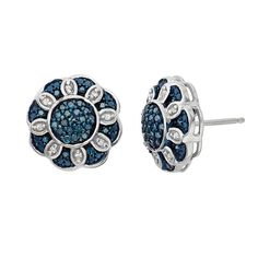 Earring Details: Diameter: .46 in. Backings: post Metal: blue & white rhodium-plated sterling silver Diamond Details: Total weight: 1/3 ct. Cut: round Color: blue, white Color grade: I-J Clarity: I2-I3 Setting: prong Image(s) may be enlarged to show detail.Diamond weights are approximate. Diamond total weights may vary between .01 and .08 ct. Some diamonds have fewer than 17 facets. Size: One Size. Gender: female. Age Group: adult. Blue Diamond Earrings With Diamond Accents, Blue Diamond Earrings With Accents, Elegant Blue Diamond Earrings With Pave Setting, Blue Diamond Cut Earrings In Fine Jewelry Style, Blue Diamond Cut Earrings Fine Jewelry, Blue Diamond Cut Diamond Earrings, Blue Diamond Earrings With Pave Setting, Blue Diamond Earrings For Anniversary In Sterling Silver, Blue Diamond Earrings In Sterling Silver