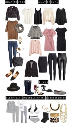 a bunch of different types of clothes and shoes with text that says what to wear