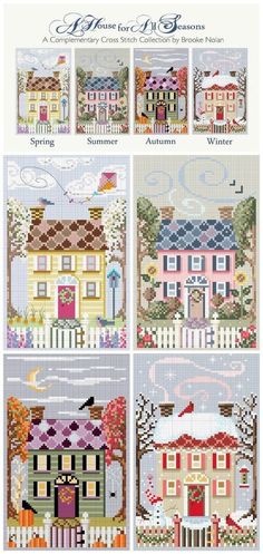 four cross stitch houses in different colors and sizes, with the words home for all seasons written