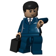 a lego man in a suit and tie holding a black briefcase with one hand on his hip