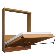 a wooden shelf with a bed underneath it