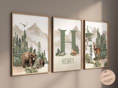 three framed art prints with animals and the letter h on them, hanging on a wall