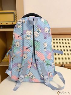 Bird in Bag - Stylish School Backpack for Teen Girls, featuring Blue Printed Diamond Checkered Design and Cat Patterns Blue Kawaii Backpack For Travel, Kawaii Blue Backpack For Travel, Kawaii Blue Travel Backpack, Blue Kawaii Backpack For Back To School, Kawaii Blue Backpack For Back To School, Back To School Bags With Cat Design, Kawaii Blue School Backpack, Back To School Bag With Cat Design, Trendy Cat Design Backpack For Daily Use