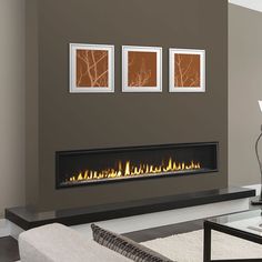 a living room with a fire place in the center and three pictures on the wall